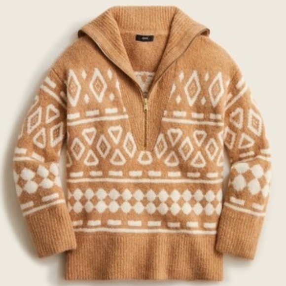 JCrew Geometric Fair Isle Tan Half/Quarter Zip Wool - Picture 1 of 3